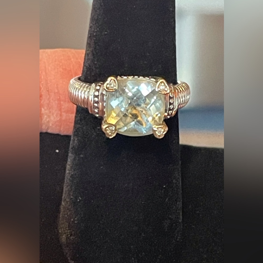 Sterling silver w/14K gold cushion cut green amethyst